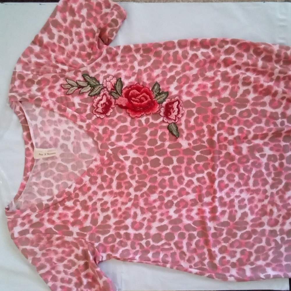 Floral Embroidered Leopard Print V-Neck Sleep Shirt Short Sleeves